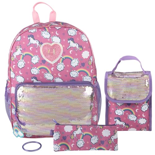 Image of Trail maker Girls 6 in 1 Backpack and Lunch Box Set for School with Pencil Case, Water Bottle, Keychain Attached for Kids, Sparkle Unicorns, Large, Casual