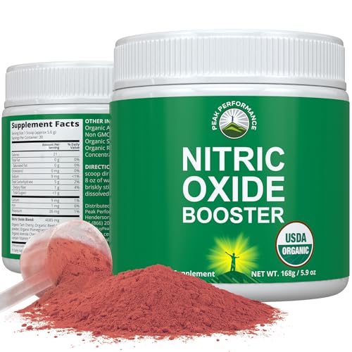 USDA Organic Plant Based Nitric Oxide Booster Powder Supplement for Men & Women - Caffeine Free Supplements 5 Top Ingredients - Beet Root Tart Cherry Acerola Cherry Pomegranate Red Ginseng