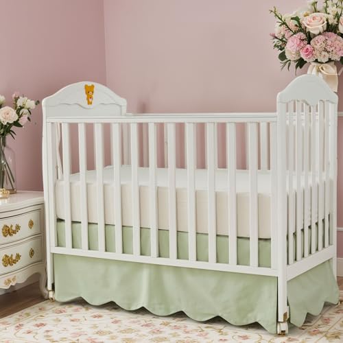 Image of Brandream Scallop Edge Cotton Crib Skirt Toddler Bedskirt Baby Nursery Crib Bed Skirt Gender Neutral Solid Color Light Green Farmhouse Chic Boho Bohemian Skirt