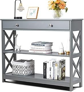 CASART 3-Tier Console Table, X-Design Wooden Side End Table with a Drawer & Shelves, Narrow Sofa Table Hall Desk for Living Room Bedroom Entryway (Grey)