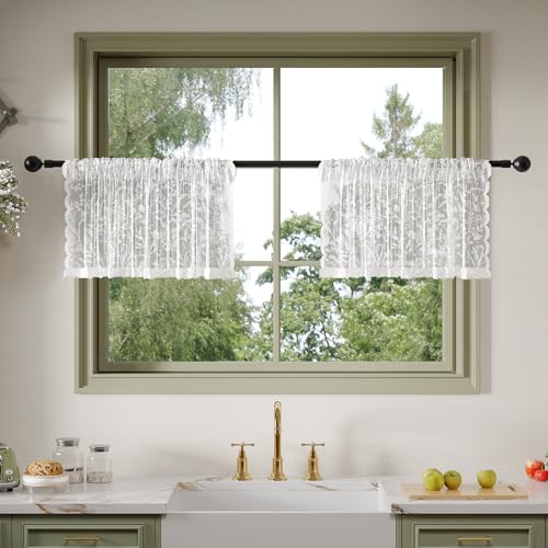 Anmao Vintage Lace Kitchen Curtains 18 Inches Long 2 Panels, Romantic Semi Sheer Floral Over Sink Lacy Cafe Curtain, Elegant Window Short Small Drapes, 55W x 18L, White Leaf