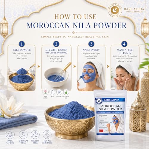 Image of Moroccan Nila Powder 80gm - 100% Natural Indigo Blue Powder for Skin Brightening, Tan Removal & Detox | Traditional Moroccan Hammam Beauty Treatment | Face & Body Care (80g)