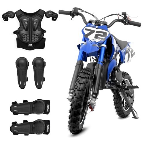 Image of 50cc Kids Dirt Bike Gas Powered 2-Stroke, Durable Steel Frame Mini Dirt Bike, Knobby Tires, Dual Disc Brakes, 24 MPH, Pull Start, Chest Elbow Knee Pads Included, Blue