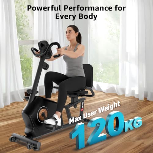Image of PowerMax Fitness BR-400 Recumbent Exercise Bike for Home | 120kg Max User gym cycle, 6KG Flywheel, 8-Level Magnetic Resistance | Adjustable Seat, LCD Display, Mobile Holder | Quiet Belt Drive Cardio