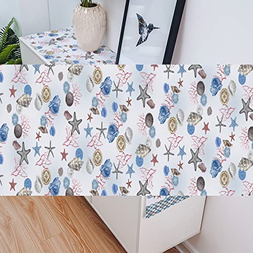 Ldtrchee Coastal Table Runner - Cotton Linen 36 Inches, Ocean Starfish And Seashell Beach Tablerunner, Summer Nautical Fish Scales Dresser Scarves Bed Runner For Dining/Coffee Table, 13"X 36" #TOP5