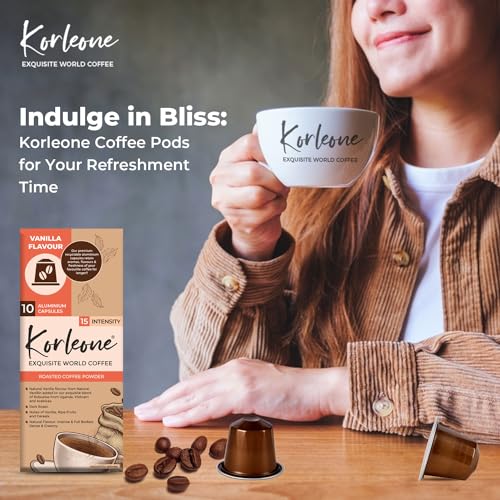 Image of KORLEONE EXQUISITE WORLD COFFEE Aluminium Coffee Capsules Compatible With Nespresso Intensity 9 Dark Rost Level Rich In Flavor For Brewing A Perfect Coffee Cup In Seconds (Vanilla), 50 Gm