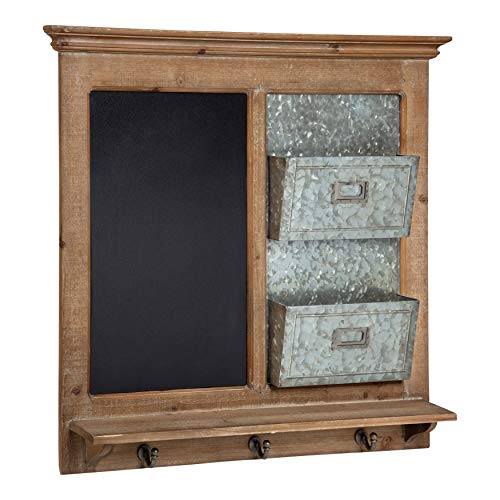 Kate and Laurel Idamae Wood Framed Chalkboard Wall Organizer with Mail Holders and Key Hooks, 28' x 25', Rustic Brown, Farmhouse-Inspired Chalkboard