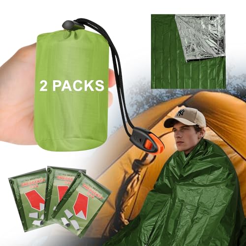 Emergency Survival Sleeping Bags, Waterproof & Windproof Thermal Bivy Sack with Whistle, Compact for Outdoor, Camping, Hiking & Emergency Kits (2, Green)