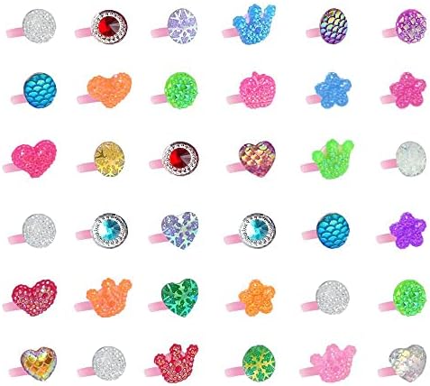 Little Girl Jewel Rings in Box, Adjustable, No Duplication, Girl Pretend Play and Dress Up Rhinestone Rings Stocking Stuffers (36 Lovely Ring)