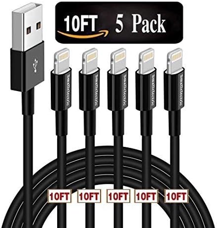 SMALLElectric Charger Cable 5Pack 10FT for iPhone Charger Cable Data Sync Charging Long USB Cord Compatible with Apple iPhone X / 8 Plus / 7/6 / 5S / iPad/iPod, Black