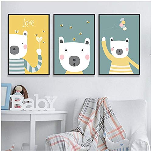 Zhaoyangeng Dibujos Animados Lindo Animal Bee Ball Lienzo Pintura Art Print Poster Foto Pared Niños Bebé Habitación Decoración Simple- 50X70Cmx3 Sin Marco