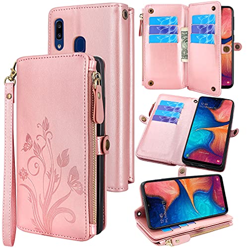 Lacass [Cards Theft Scan Protection] 10 Card Slots Holder Zipper Pocket Wallet Case Flip Leather Cover Wrist Strap Magnetic Closure Stand Carrying Pouch for Samsung Galaxy A10e A102U(Rose Gold)
