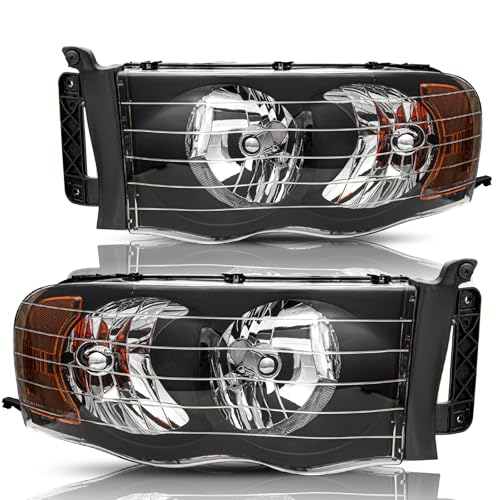 BRYGHT Headlight Assembly Fit for 2002-2005 Dodge Ram 1500 Pickup and 2003-2005 Dodge Ram 2500/3500 Pickup Passenger and Driver Side Halogen Replacement OE Headlamp Black Housing & Amber Reflector