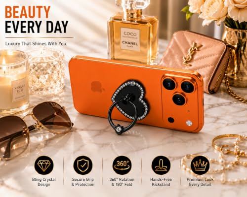 Image of Mizi 2Pack Bling Heart Phone Ring Holder Stand, 360 Rotating & 180 Foldable Finger Grip Kickstand with Strong 3M Adhesive, Zinc Alloy Phone Ring-Smartphones & Tablets, Sparkly Diamond Design - Black