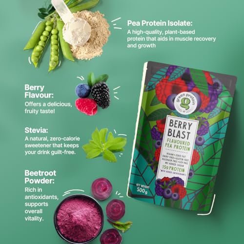 Image of GREEN PROTEIN Plant Protein Isolate Powder, Plant Protein, No Added Sugar, 100% Soy Free, Dairy Free, Gluten Free, Allergen Free, Berry Blast Flavor, 15g Protein Per Serving, Pouch (500g)