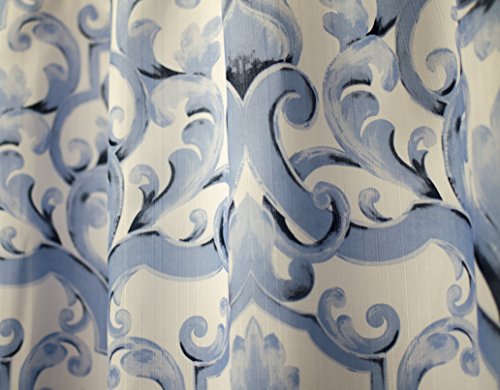 Linen Store Fabric Canvas Shower Curtain, 70"X70", Miley, Colorful Blue Scroll Damask Design #TOP2