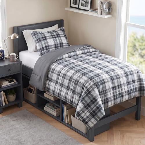 Image of Madison Park Essentials Parkston Plaid Comforter Set Soft Brushed Microfiber College Bedding, 3M Scotchguard Stain Release Cover, Modern All Season Cabin Bedding, Twin /TwinXL, Black, 2 Piece