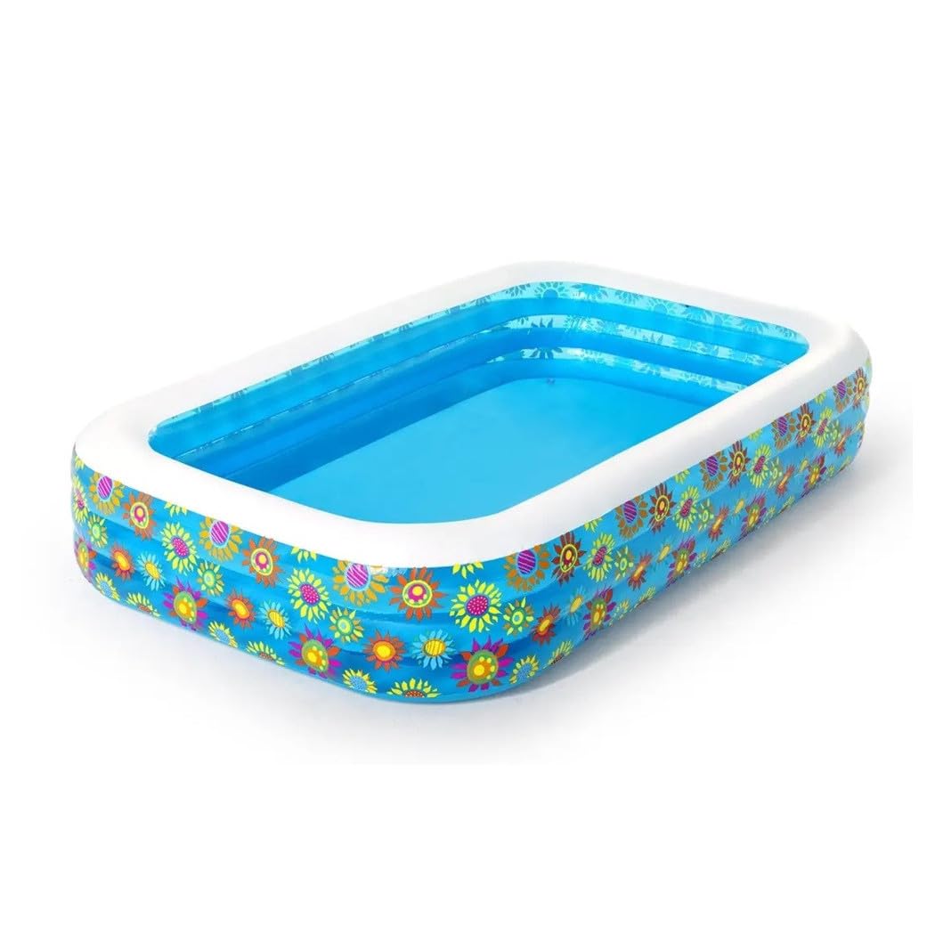 Trade Shop - Piscina Gonfiabile Family Rettangolare A 3 Anelli Decoro Fiori 305x183x56 Cm 54121 -