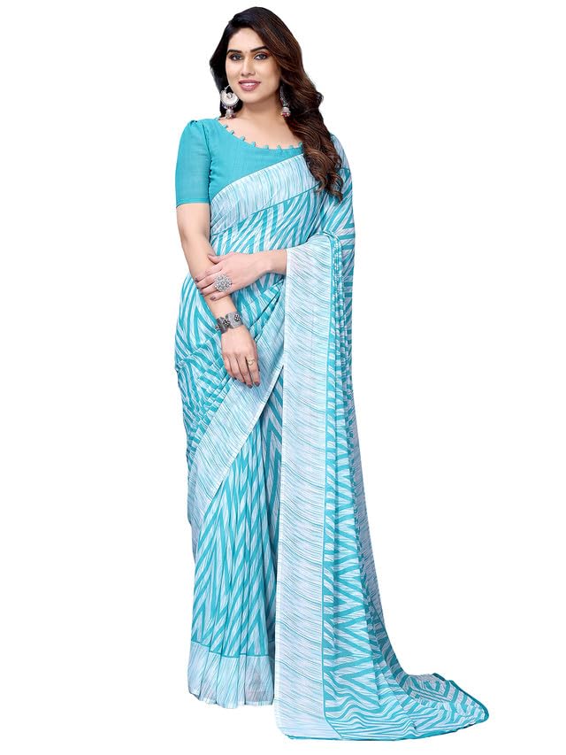 Sari en georgette léger et fluide avec tissu de chemisier personnalisable bleu clair