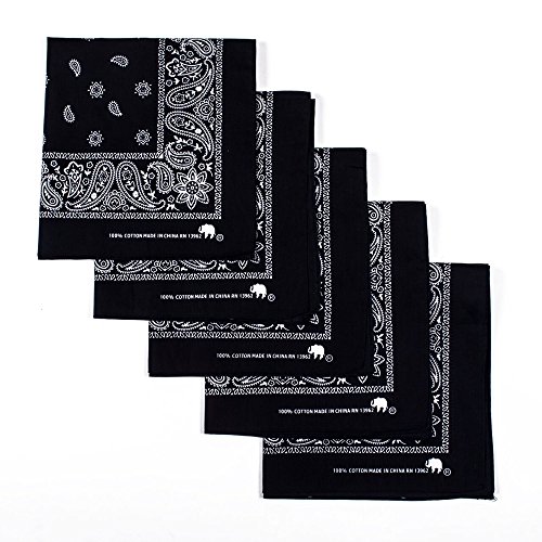 Original Elephant Brand Bandanas 100% Cotton Since 1898 - 5 Pack (Black)
