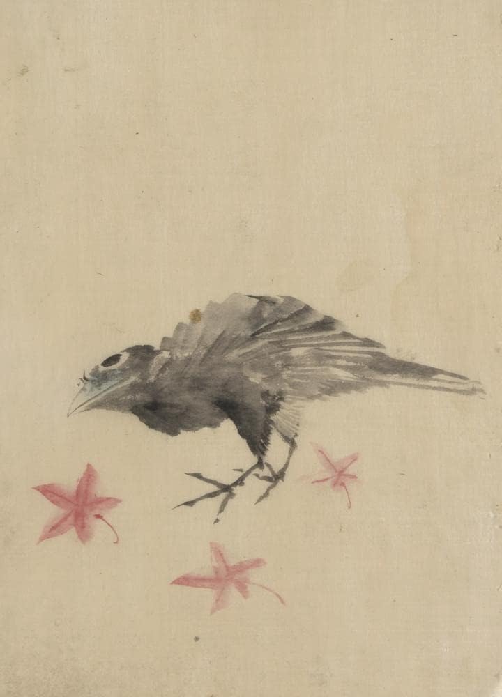 ArtDirect A Bird, Possibly Crow or Raven, Facing Left, Standing Among Leaves with Head Cocked as Though Lookin 35x48 UnFramed Museum Art Print Poster Ready for Framing by Katsushika Hokusai