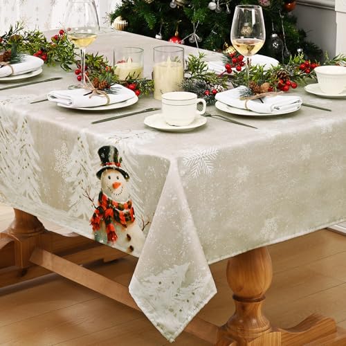 Alishomtll Mantel de Navidad beige, diseño de muñeco de nieve, árbol de Navidad, mantel cuadrado, impermeable, lavable, para fiestas de invierno, decoración festiva, 140 x 140 cm