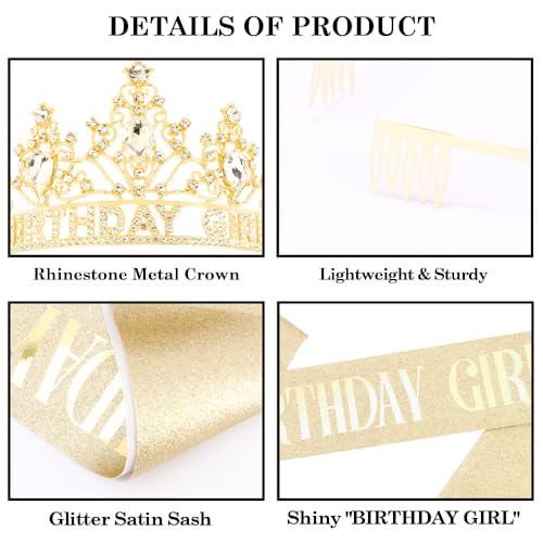 AHONEY Gold Birthday Girl Crown and Glitter Sash for Women and Girls Tiara Birthday Accessories for Parties Favors and Decorations, 2 Pack by AHONEY - Used condition - Image 4