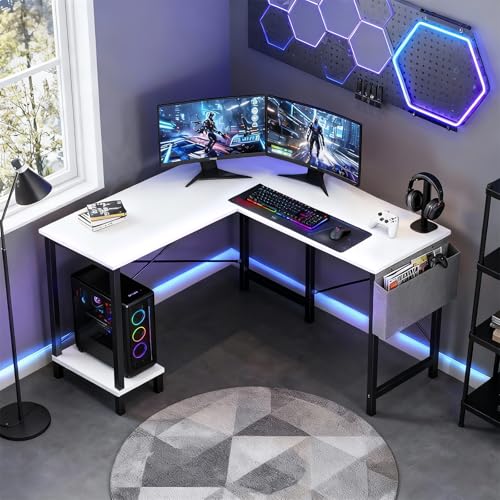 Image of OLIXIS L Shaped Desk, 50-Inch Office Computer Gaming Desks Corner PC Table with Side Bag and Reversible Shelf for Home Work Study Writing White