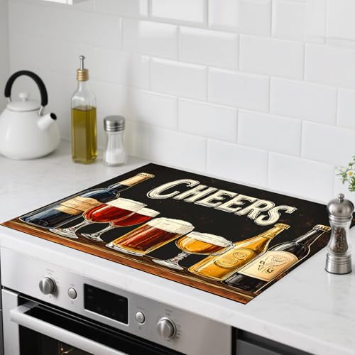 Image of Nuxovilar Stove Top Cover for Electric Stove, 20x28 Inch Polyester Glass Cooktop Protector with inchCHEERS inch Beer Mug Motif, for Kitchen Decor & Daily Use