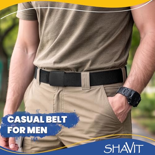 SHAVIT Mens Nylon Belt with Plastic Buckle, Work Web Belt for Men, Casual Adjustable Military Canvas Belts, TSA Approved - Nickel Free - Non Metal Airport friendly, TSA Plastic Belts for Men Black