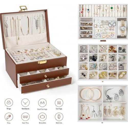 Image of Jewelry Box For Women Girl Wife 3 Layers Large Pu Leather Jewelry Organizer Storage Case With Two Drawers Display For Earrings Bracelets Rings Watches Design Jewelry Box, Jewelry Organizer (Brown)