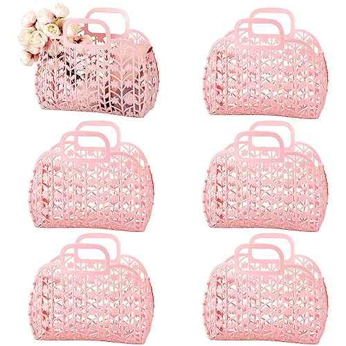 Silkfly 6 Pcs Pink Jelly Tote Bags Bulk 9.1 x 4.3 x 9.3 Inch Plastic Reusable Women Girl Wedding Jelly Gifts Tote Beach Baskets Handbags for Women Girl Wedding Bridesmaid