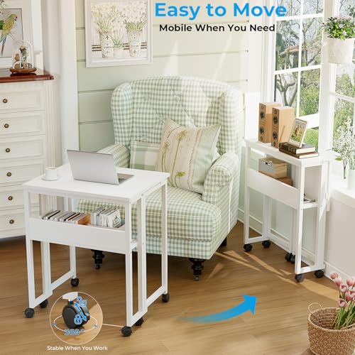 Image of GreenForest Folding Desk with Wheels, 24.8 Inch Compact Rolling Computer Table with Storage Shelf, Portable Mobile Workstation for Small Spaces, Easy Assembly, Pure White