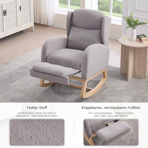 Miniatura 4 de Jcfeidqw Silla Mecedora, Sillón De Lactancia, Sillón Lounge Con Estructura De Madera, Reposapiés Ajustable, Respaldo Alto, Tela De Osito, Con Bolsillo, Cómodo Sillón Acento Para Dormitorio, Salón