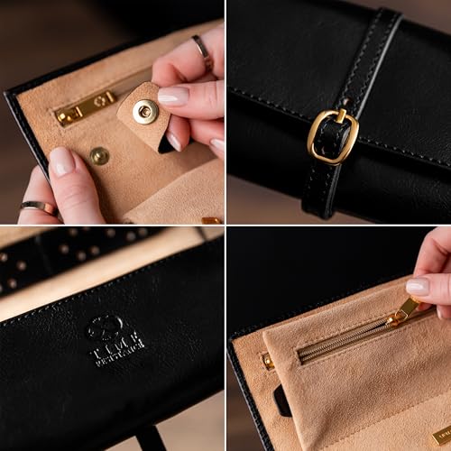 Image of Time Resistance Leather Jewelry Roll - Full Grain Leather Travel Jewelry Case - Jewellery Organizer Made in Italy (Black)