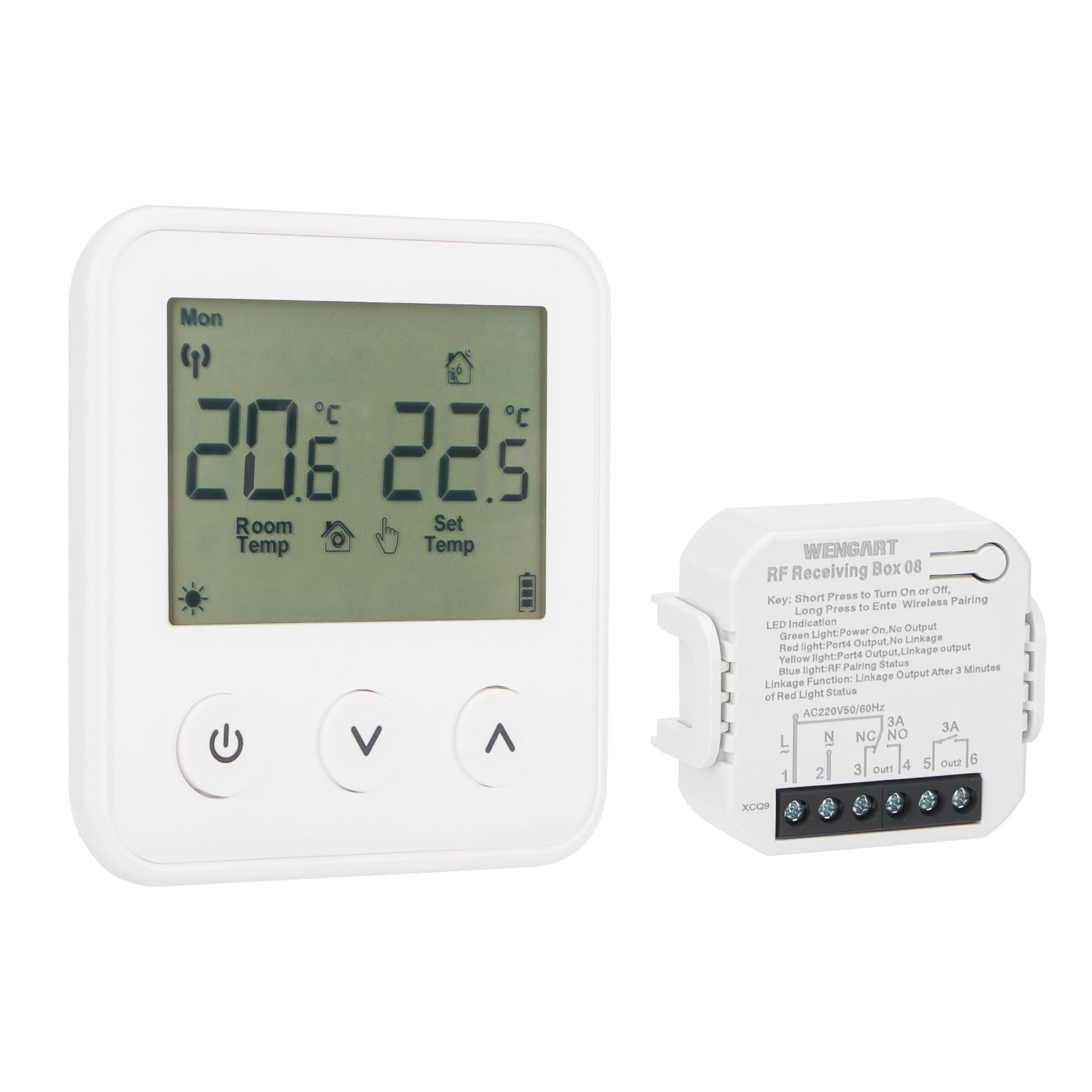 Wengart Termostato Inalámbrico Programable para Calefacción (RF), Receptor con Salida Dual para Caldera de Gas y Suelo Radiante (Agua), Pantalla LCD, Control de Temperatura Sin Hilos, WG01RF