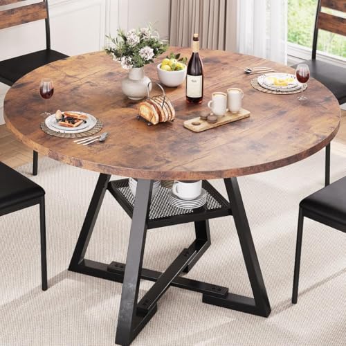 Jocoevol Mesa de Comedor Redonda para 2 Personas con Estante de Almacenaje, Mesa de Cocina Industrial Ahorra Espacio de Madera, Marrón Vintage, 80x80x76 cm