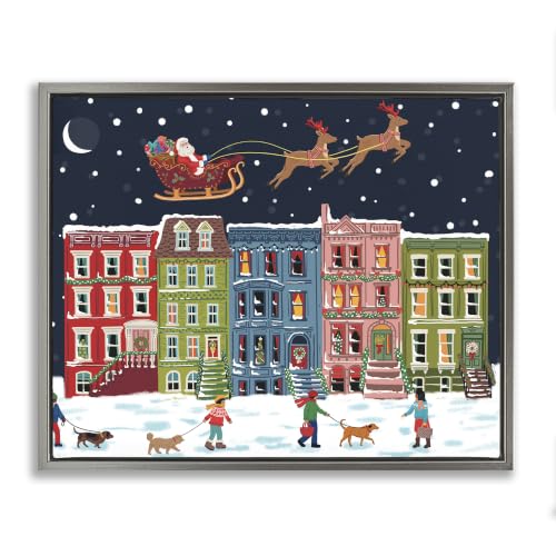 Snowy Christmas Town Santa Overhead, 16 x 20 Inch Canvas in Floater Frame