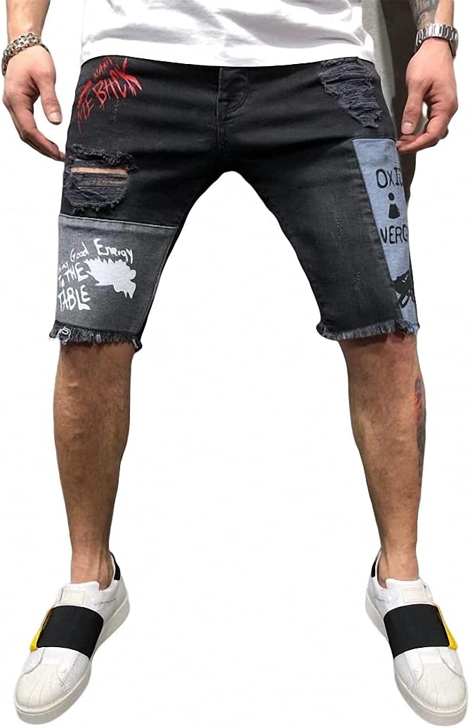 LDNINE Men's Beach Fashion Half Ripped Short Jeans Hole Distressed Casual Denim Shorts