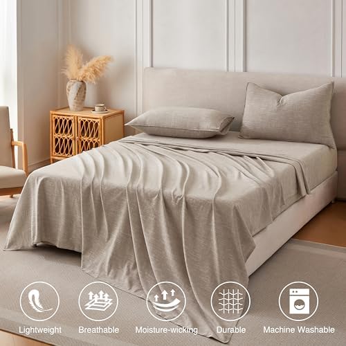 Linen Sheets Queen Size, Stonewashed Linen Cotton Blend Sheets with Slub Texture, Breathable & Soft Cotton Bedsheets, All-Season Comfort, 4 Pieces, Beige - Thumbnail 4