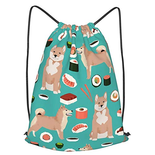 Shiba Inu and Sushi Novelty Dogs Drawstring Sports Backpack Lightweight Gym Yoga Sackpack Shoulder Rucksack Casual Outdoor Daypack for Women and Men