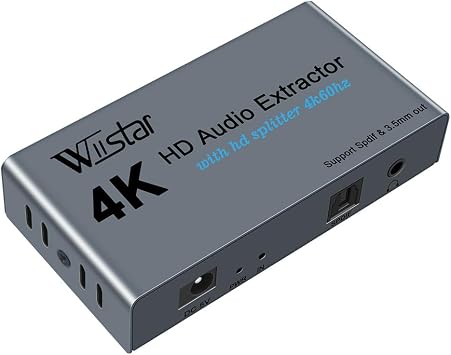 Wiistar 4K HDMI Audio Extractor HDMI Splitter 1x2 4K60Hz with Optical + 3.5mm Audio Out HD Splitter 1 in 2 Out Support HD 1.4 HDCP 1.4 for PS4 Xbox DVD Blu-ray Player HD TV Projector