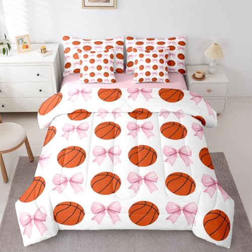 Feelyou Pink Bowknot Comforter Set Queen Size Basketball 7 Pcs Bedding for Kids and Adults, Boys Girls Bed in a Bag,Sports Theme Bed Sheet Sets with Fitted Sheet Pillowcases for Bedroom Bed Decor