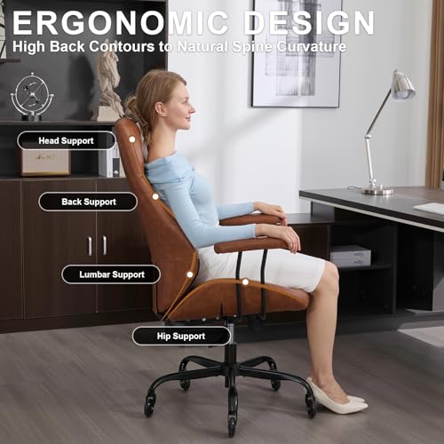 Image of E-Motie Office Chair with Rubber Wheels, Ergonomic Computer Chair 500 lbs, Leather Desk Chair with Lumbar Support, Executive Chair Adjustable Height & Recline, Brown