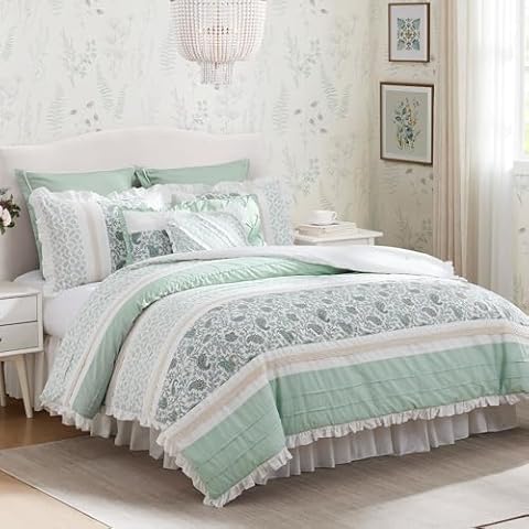 Madison Park Dawn 100% Cotton Shabby Chic Comforter Set-Modern Cottage Design All Season Down Alternative Bedding, Matching Shams, Bedskirt, Decorative Pillows, Queen(90"x90"), Blue 9 Piece , Aqua Cover