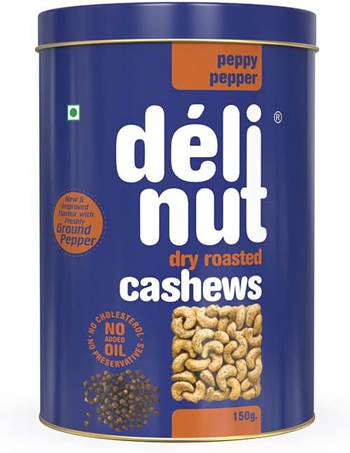 Delinut Peppy Pepper Dry Roasted Cashews/Kaju 150g | Bold & Crunchy WW240 Whole Cashew Nuts | Black Pepper Flavour | FOST Flavour Lock Technology | Nitrogen Flushed | No Added Oil, Colors or Preservatives