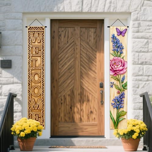 Image of Nuxovilar Welcome Peony Butterfly Porch Banners 12x70 Inches Polyester | Spring Porch Sign, Hanging Decor Floral welcome Banner, Peony Wreath Accent Garden, Porch, Patio (Welcome Peony)