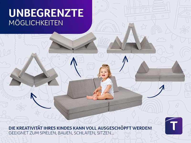 Traumnacht Abenteuer Sofa mit kuscheligem Bezug aus hochwertigem Kord Gewebe, waschbar, 81,5 x 81,5 x 12 cm, steingrau, produziert nach deutschem Qualitätsstandard