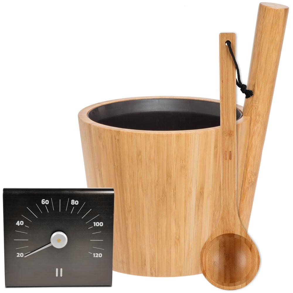 Hochwertige Sauna- Set's inkl. digitaler POOL Total Saunabroschüre - Saunaeimer aus Bambus mit Kelle & Thermometer - 5 L Fassungsvermögen - Saunazubehör für Aufguss & Entspannung