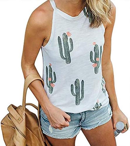 A ANGG Women Girls Summer Cactus Tank Tops Sleeveless Blouse Shirt Camis Tee White